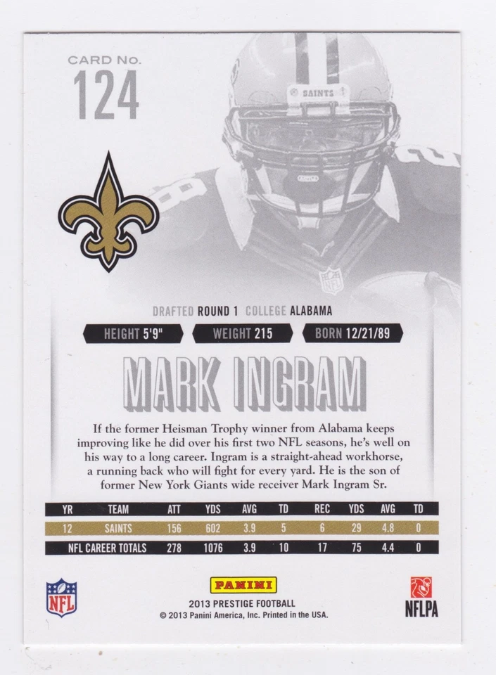 2013 Panini Prestige - Mark Ingram #124 - Image 2 of 2
