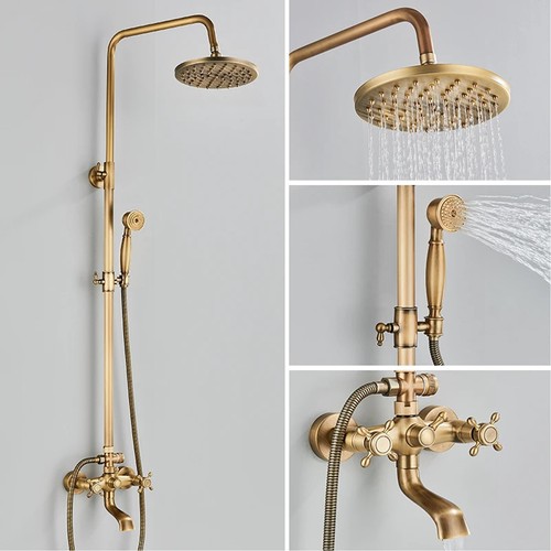 WELS Shower System Set Antique Brass Rainfall Shower Head Hand Shower Wall Mount - Picture 3 of 11