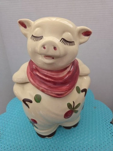 Vintage Shawnee Pottery Smiley Pig Cherries  11"  Cookie Jar - Pink Scarf