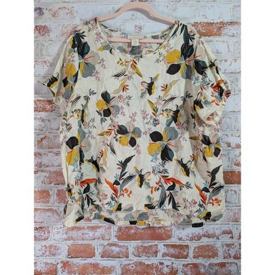 Cynthia Rowley Linen Blouse Womens 2X Ivory Floral Short Sleeve Tropical Top