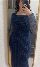 Damen Abendkleid lang blau Langarm transparen...