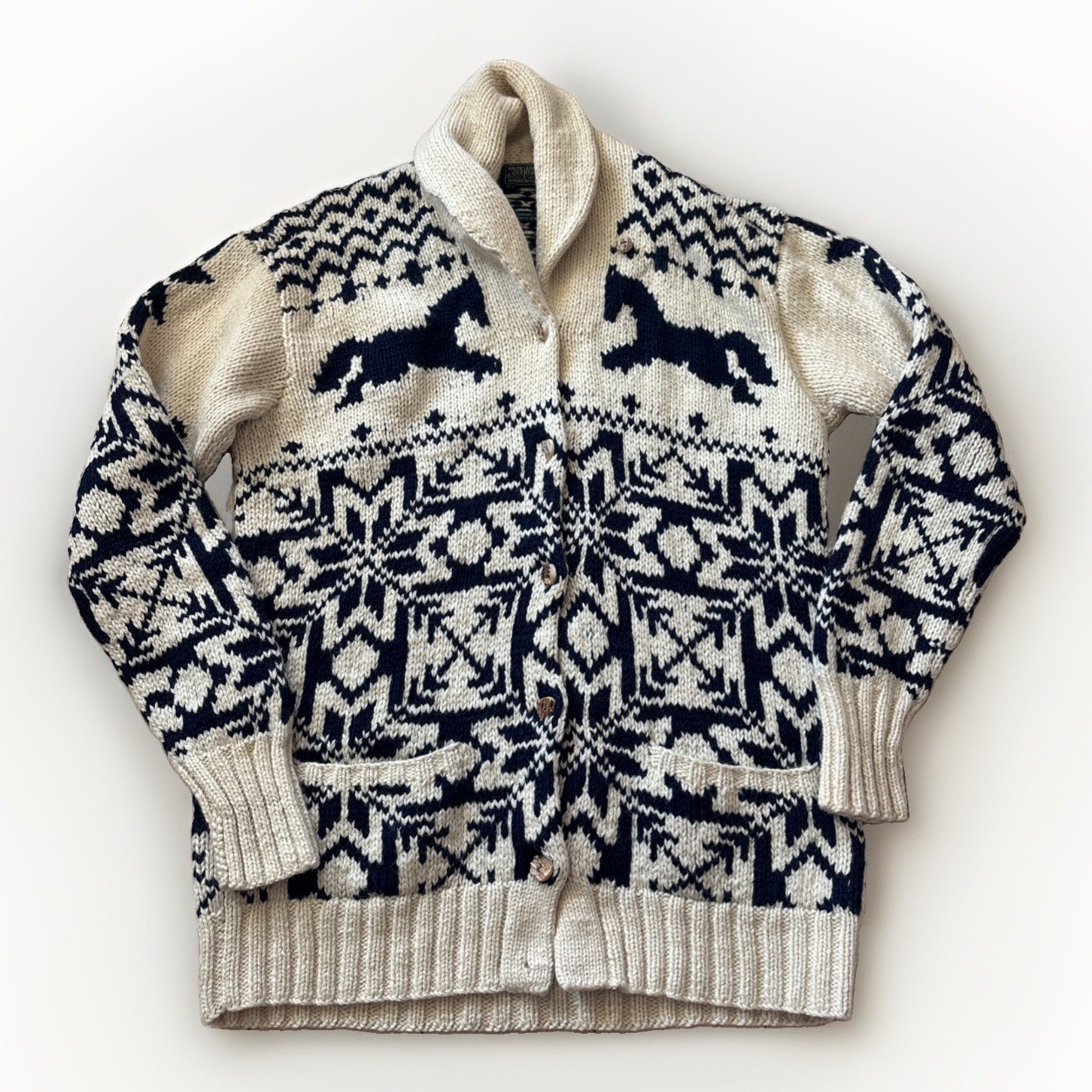 VTG Ralph Lauren Polo Country Hand Knit Horse Equestrian Cardigan Wool Sweater M