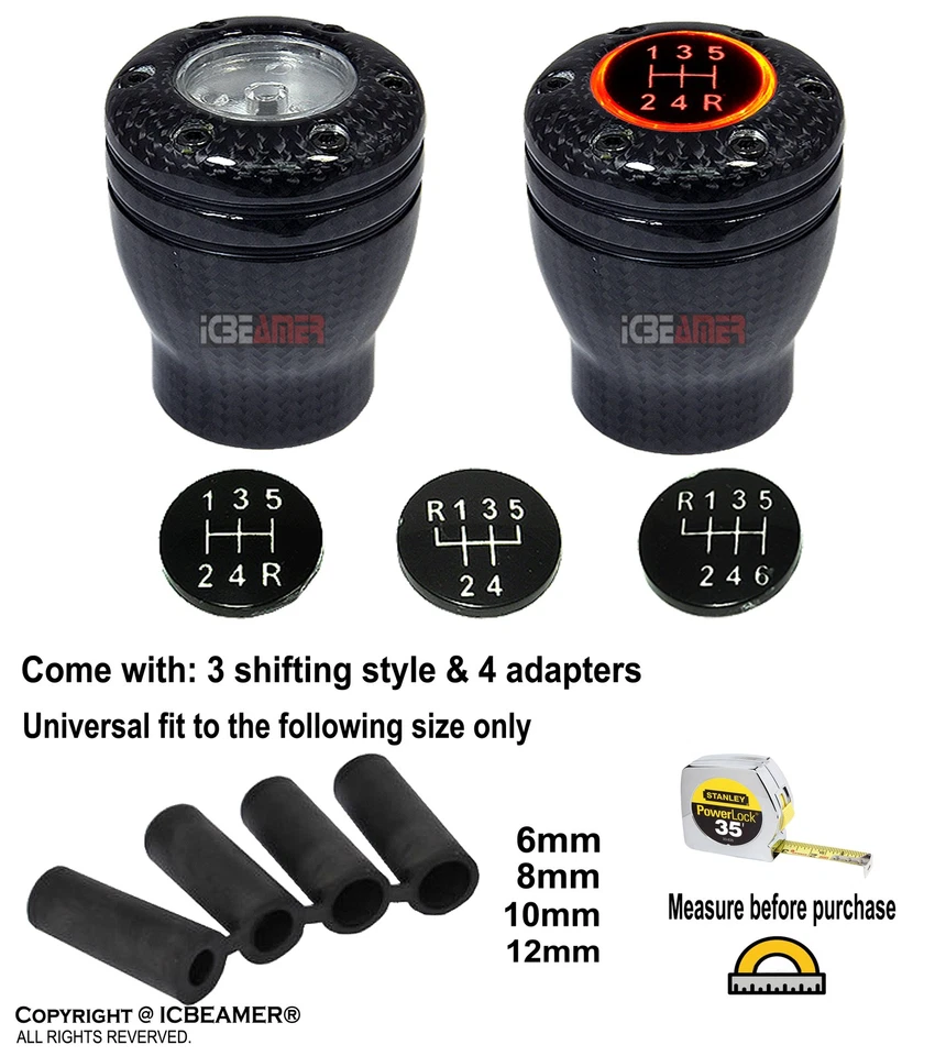 Perilla de cambio manual deportiva de luz roja LED de fibra de carbono negra estilo carreras U47 Foto 2 de 4