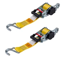 2PK 2"x10' Yellow Retractable Ratchet Straps with Double J-Hook - 1,100 lbs WLL