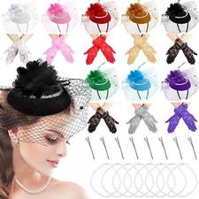 24 Pcs Women Fascinators Hats Tea Party Hats Lace Gloves and Pearl Necklace