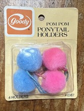 GOODY Vintage 1975 Pom Pom Ponytail Holders, 6987, Pink Blue NOS