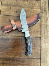 CUSTOM HANDMADE DAMASCUS WENGI WOOD HANDLE KNIFE & PREMIMUM LEATHER SHEATH 143/6