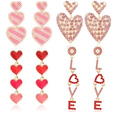 4 Pairs Valentine's Day Enamel Earrings for Women Pink Heart Earrings Beaded Set