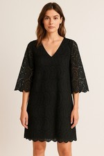 Ann Taylor Womens Lace V-Neck 3/4 Sleeves Shift Dress Black 4P NWOT