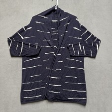 NIC ZOE Cardigan Sweater Womens Large Blue Striped Open Front Rayon Roll Sleeve