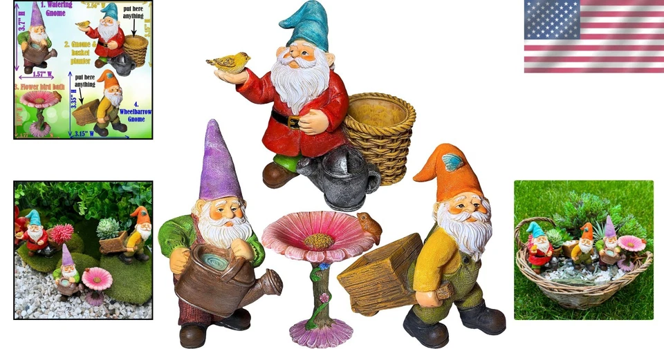Multicolor 3.5" Mini Gnome Figurines - Fun Garden Accessories Set of 4 - Image 2 of 4