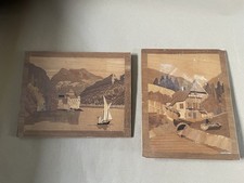 Vintage Wooden Marquetry Pictures. Handmade. 1 Portrait, 1 Landscape
