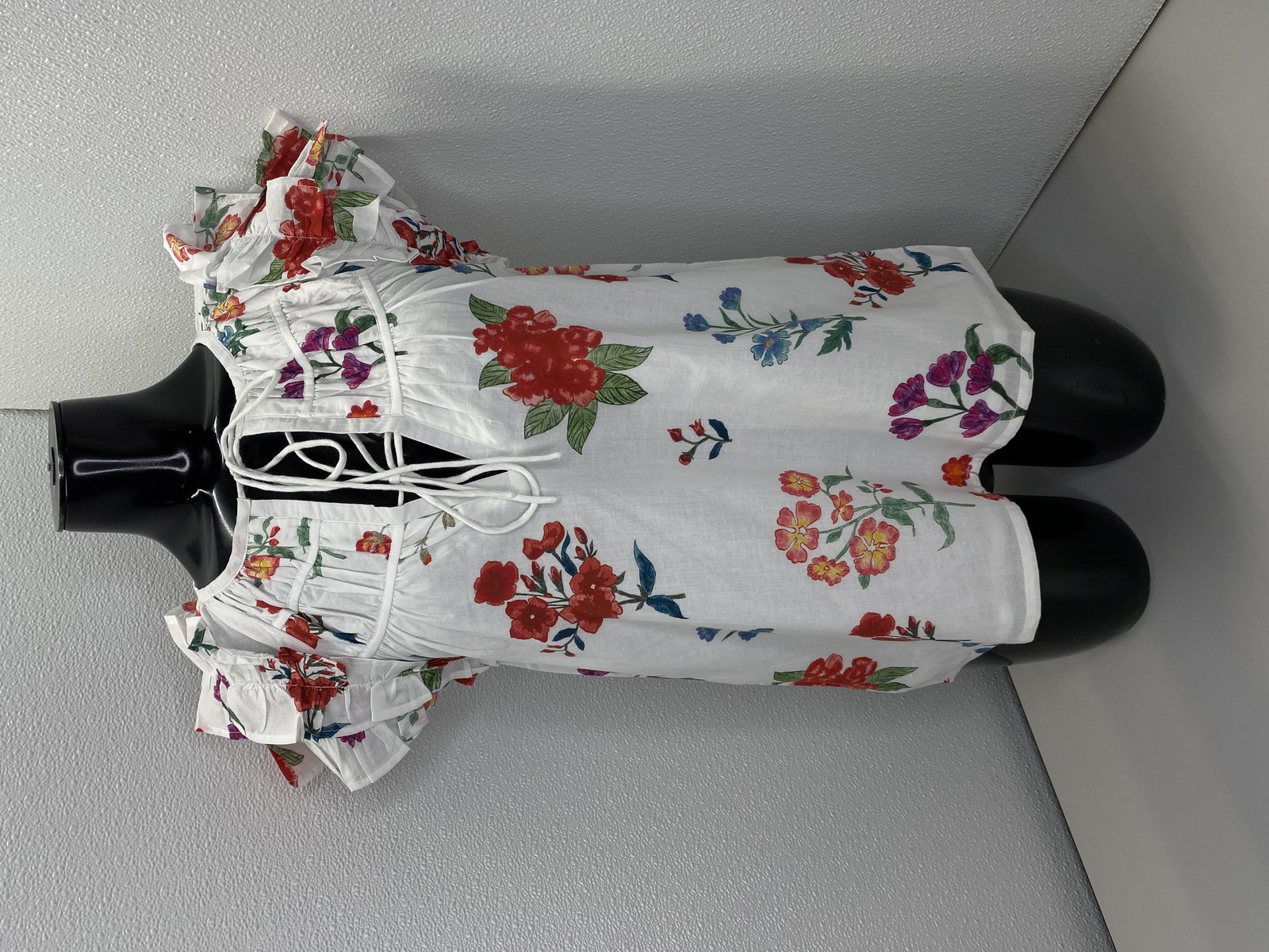 Bindu Womens White Multi Wild Flowers Ruffled Sleeve Blouse Size L Cristi