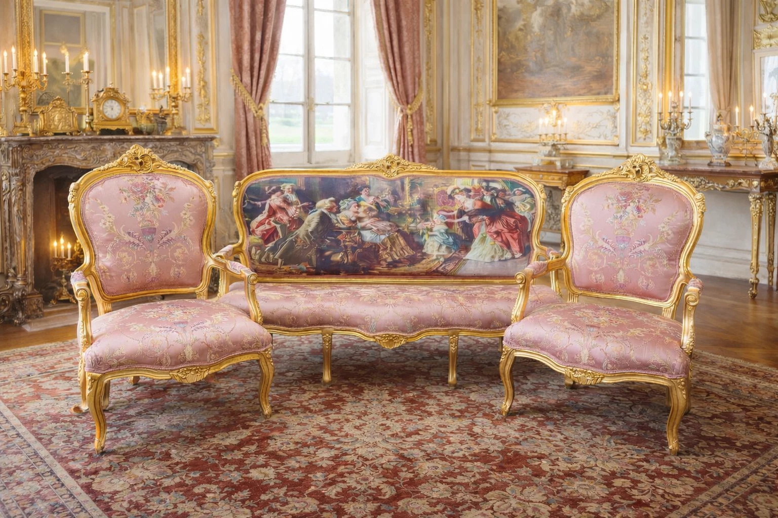 Sofa Set French Louis XVI Pink Damask Gilded Wood Vintage Sofa Chairs