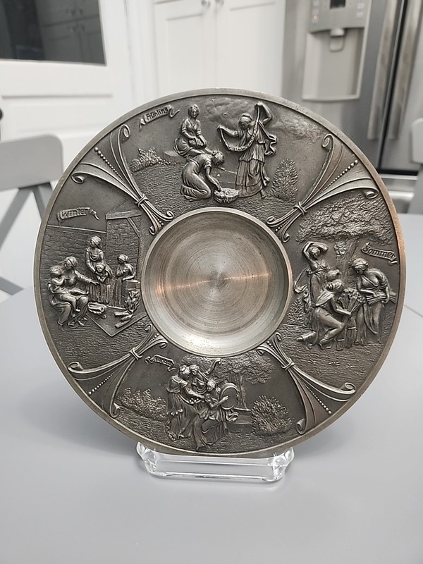 Vintage SKS Zinn 95% Pewter Bas-Relief "Four Seasons” Wall Plate  9” - Germany