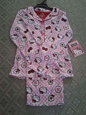NWT- 2 Pc Hello Kitty PJ SET- Button Up-Long Sleeve Top-Elastic Waist Bottoms 