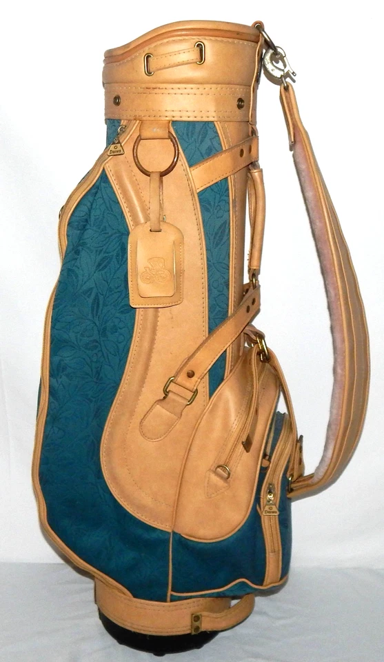 Bolsa de golf vintage Daiwa Coach Collection tapiz azul/cuero con cubierta para lluvia RARA Foto 4 de 4