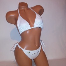 Victoria Secret PINK Swim Bikini Large Top Medium Bottom White Ribbed Floral New