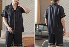 2ND Item FREE SHIP Men Silk Satin Pajamas Set Short Sleeve Shorts Lounge Pants