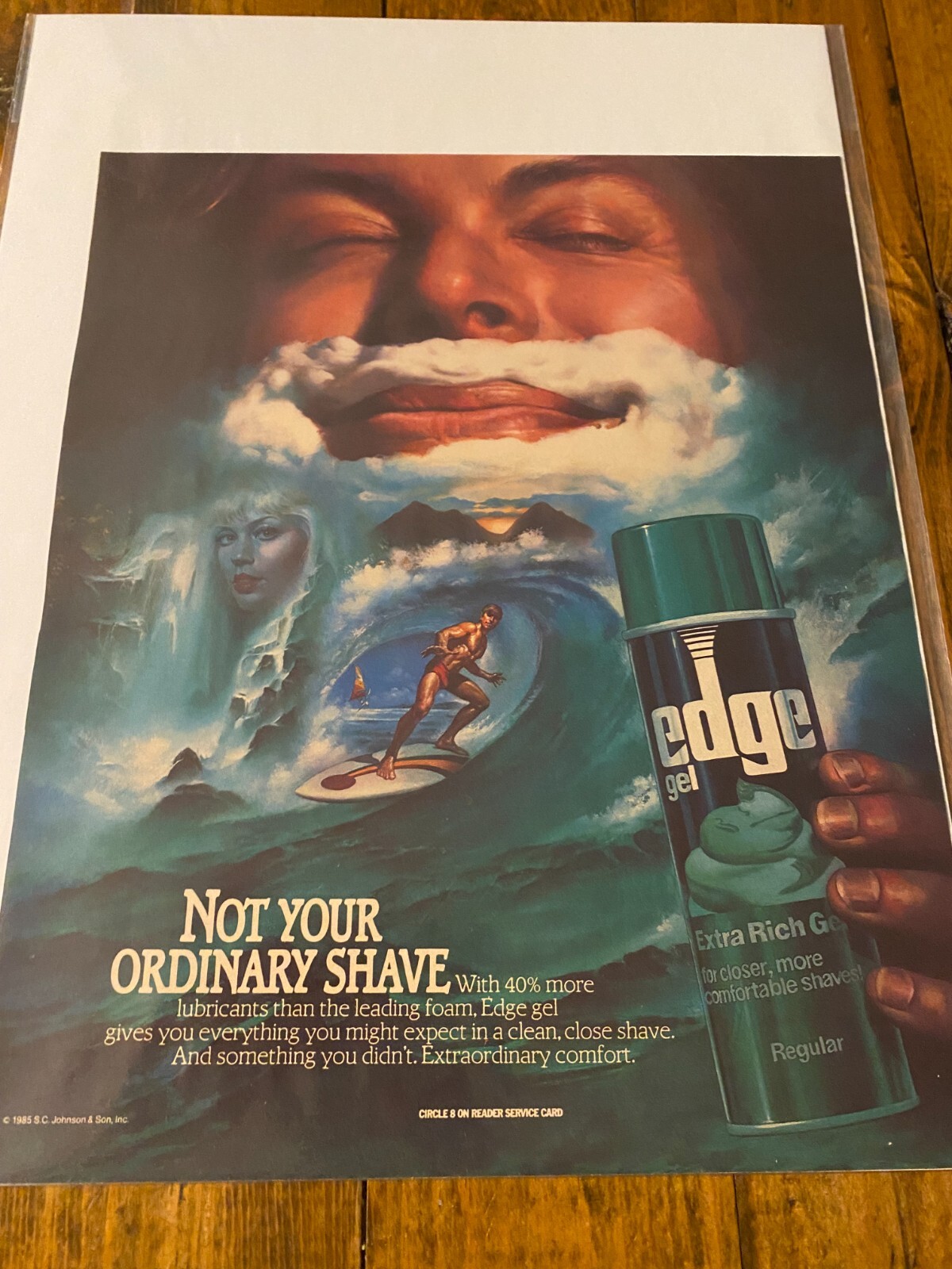 Vintage 1986 Edge Shaving Cream Surfing Theme ad