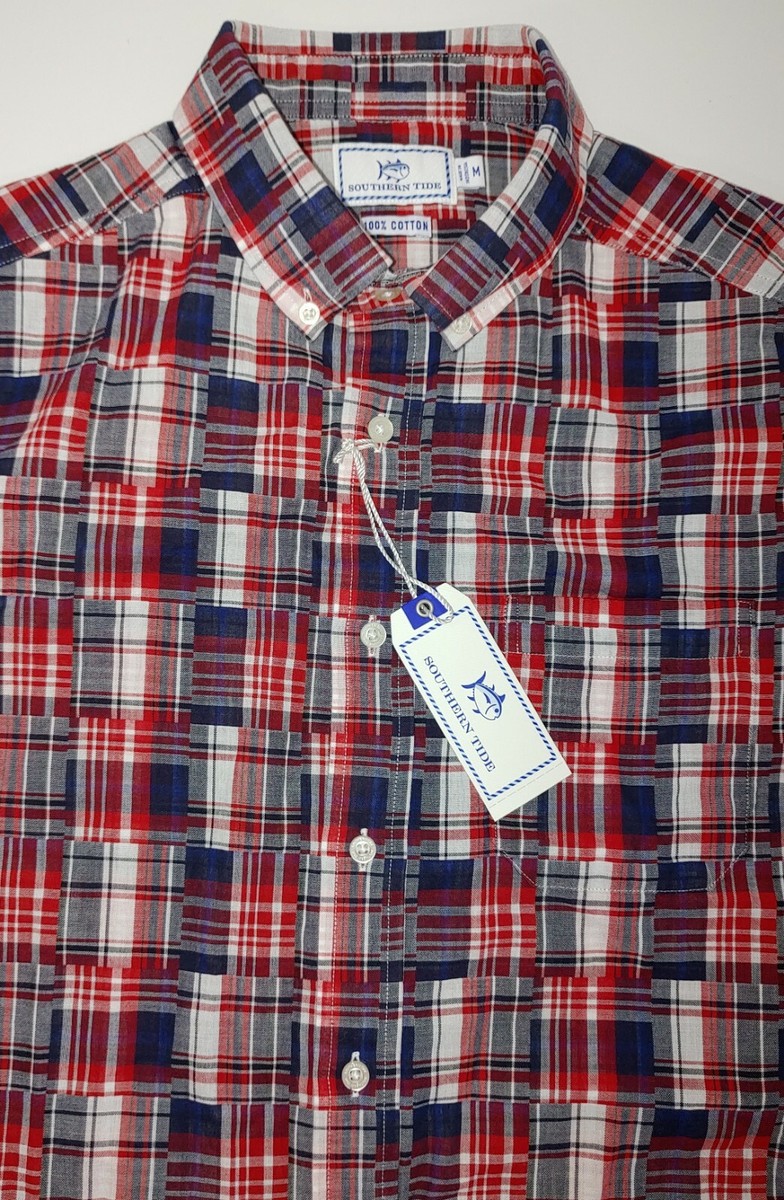 Southern Tide Shirt Red Plaid Patchwork Stretch Button Men's