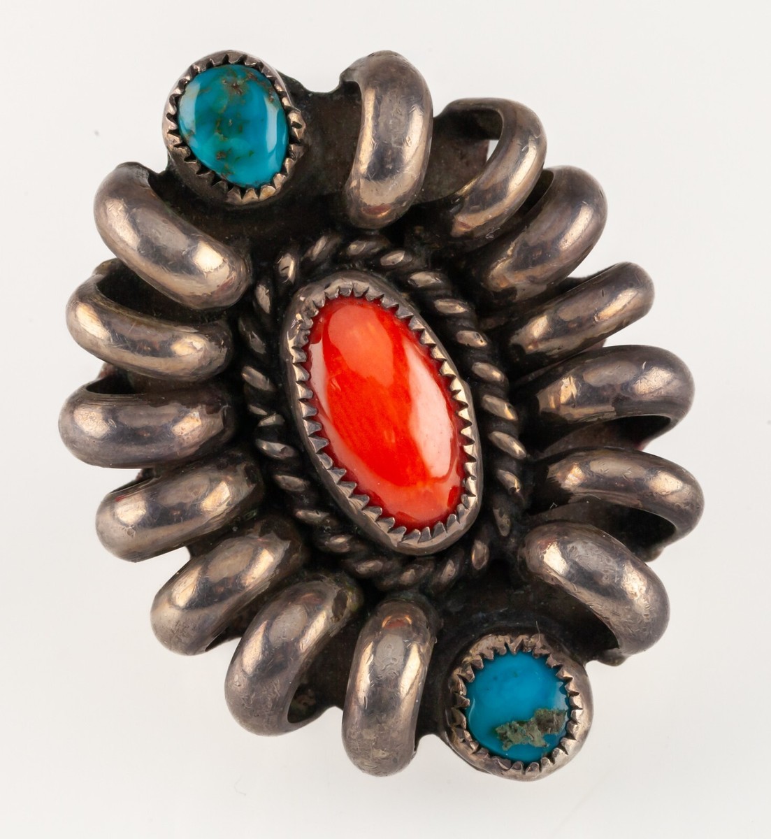 Fantastic Native American Navajo Coral & Garnet Sterling Silver Ring Fantastic Native American Navajo Coral & Garnet Sterling Silver Ring