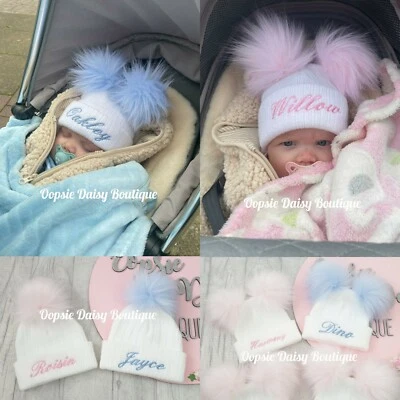 Personalised Hats Girls Boys Lovely Knitted Pom Pom Hats Sizes upto 6yrs