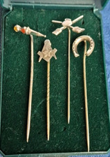 MASONIC SET OF ANTIQUE SILVER SQUARE & COMPASS STICKPIN / TIEPIN WITH 3 OTHERS.