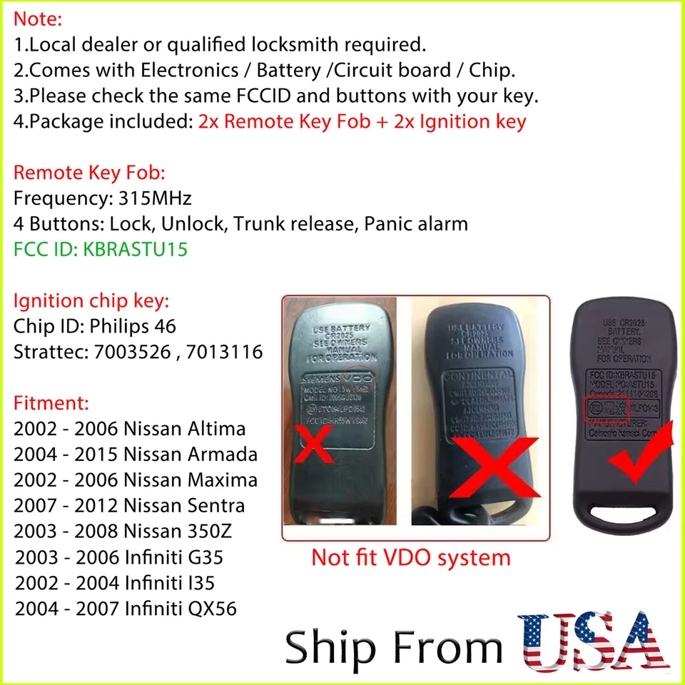 2 para Nissan Máxima Altima 350Z 2002 2003 2004 2005 2006 mando a distancia de entrada + llave Foto 2 de 4