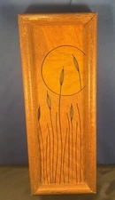 Vintage 1985 Wood Inlay Cattails Moon Framed Picture 13x5in Autographed