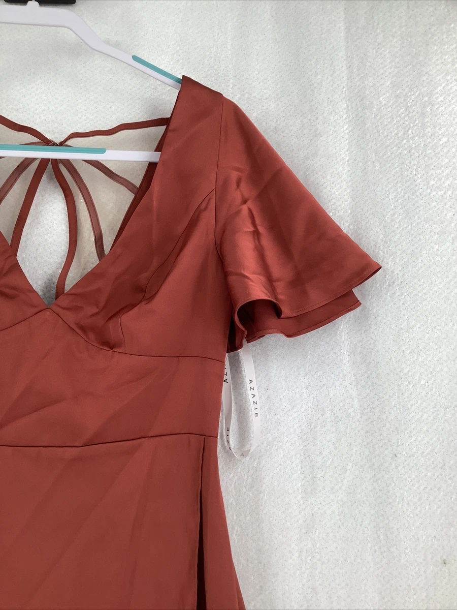 Bridesmaid Dress Azazie Lani Satin Terracotta Size A8 Floor Length