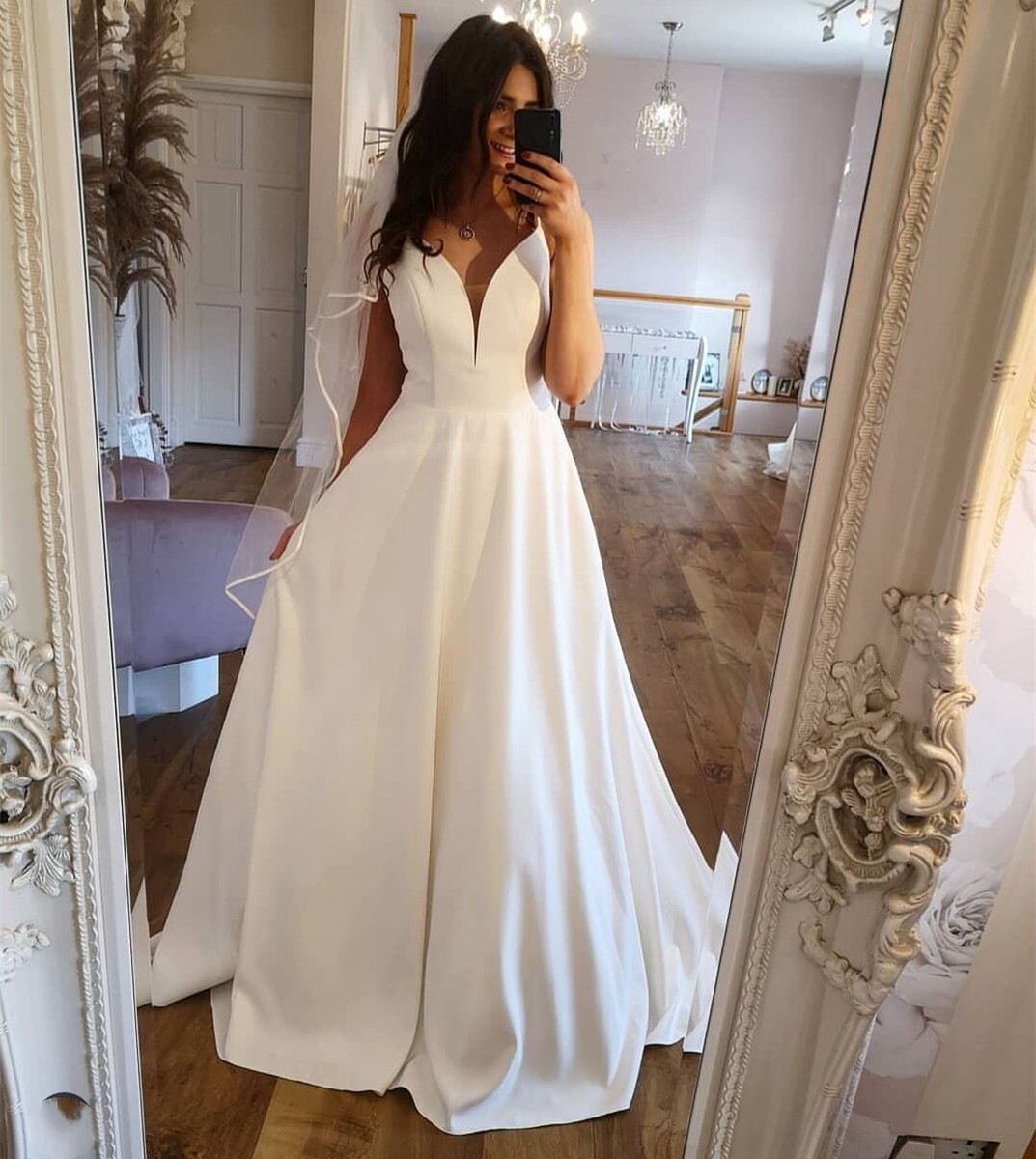 Elegant Plus Size Satin Wedding Dresses V Neck Sleeveless A Line Bridal  Gowns | eBay