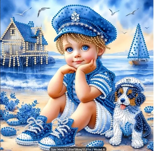 Boy & his Dog at beach Diamond Painting Kit Partial Good for Beginners 30x30cm