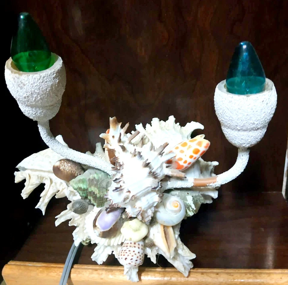 Conchas de playa vintage concha nocturna mar decoración hecha a mano 2 luces náuticas Foto 4 de 4