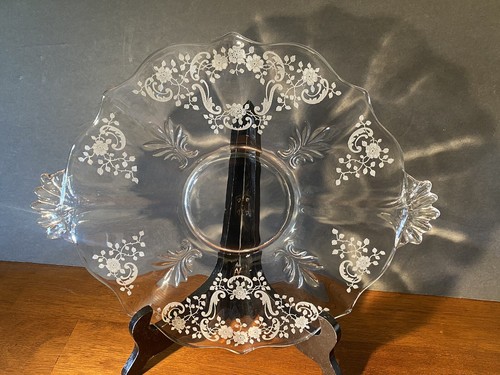 Vintage Handled Serving Plate Fostoria Baroque Rose Etched Glass Lace Strong PBC - Picture 11 of 16