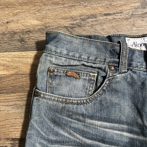 Akoo Jeans Mens 32 Blue Whiskered Distressed Streetwear Mid Y2K - Picture 9 of 22