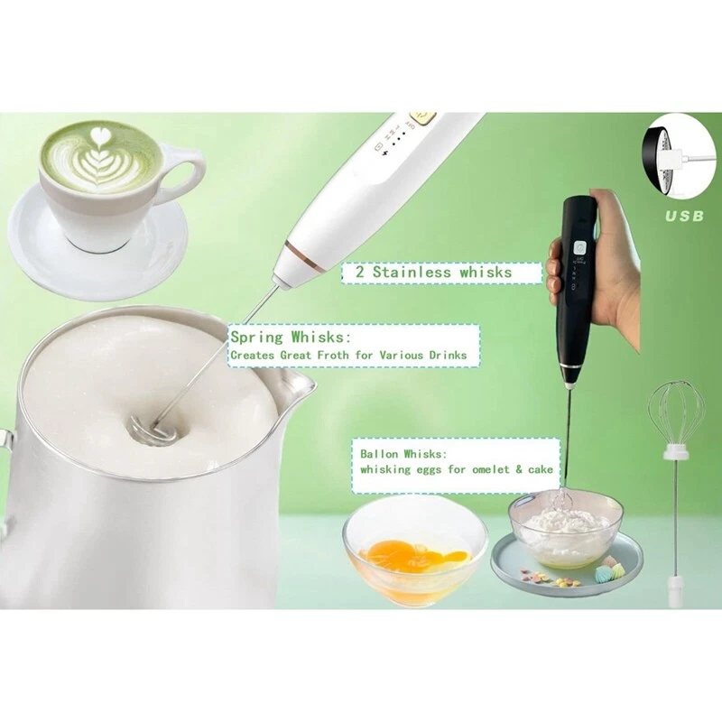 Milk Frother Mixer Rechargeable Handheld for Coffee with 2 Whisks,USB8202