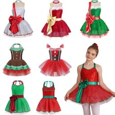 Kids Girls Shiny Sequins Christmas Dance Dress Sleeveless Ballet Tutu Dancewear