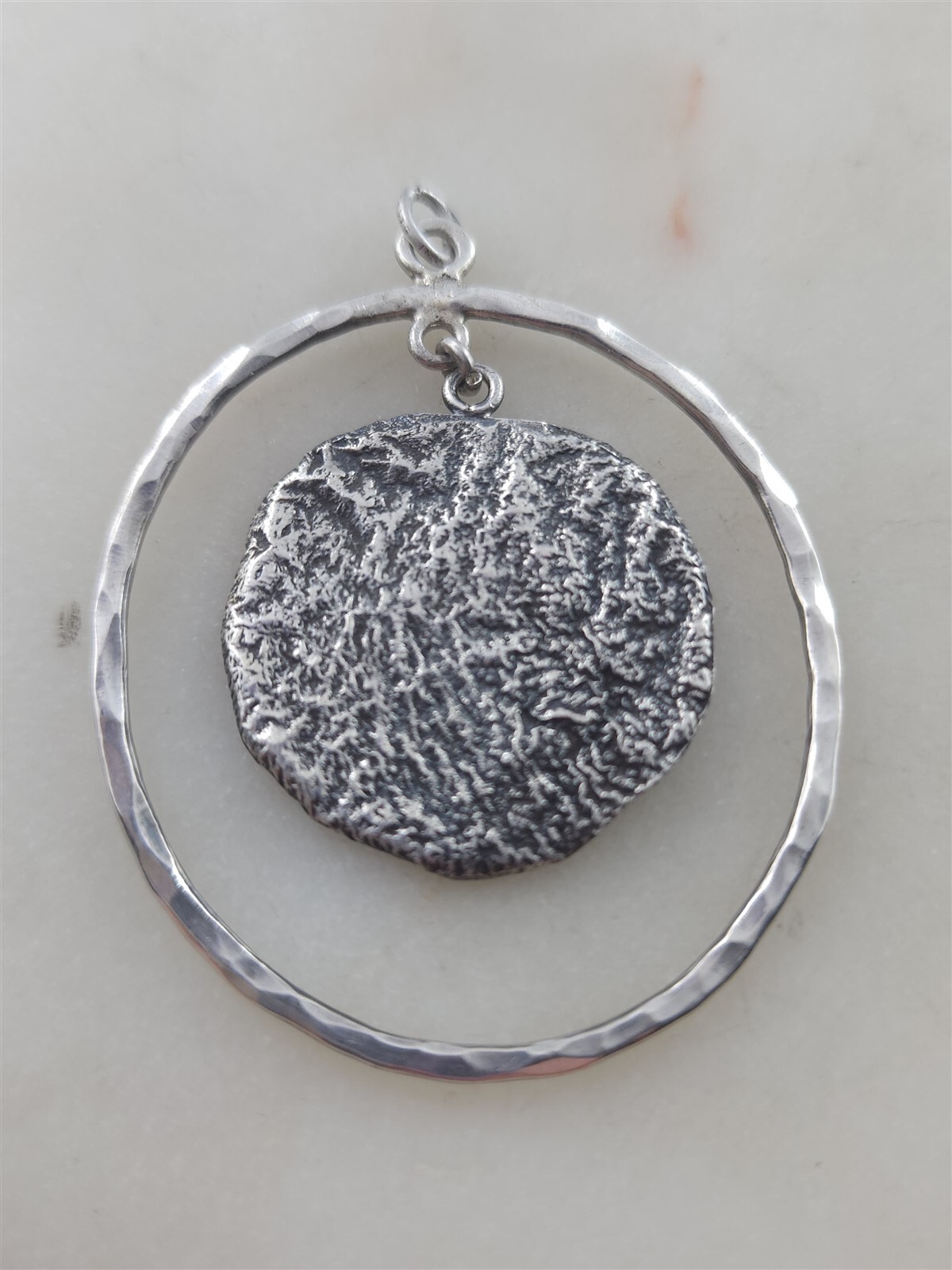 Vintage Solid Sterling Silver Textured Round Dang… - image 1