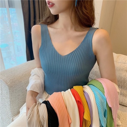 V-neck Knitted Ice Silk Sleeveless Top Thin Vest Knit Sweater Women Sexy Slim FT - Picture 13 of 13