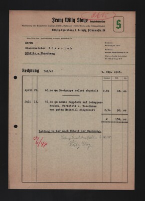 Böhlitz-Ehrenberg, invoice 1945, Franz Willy Stoye master roofer