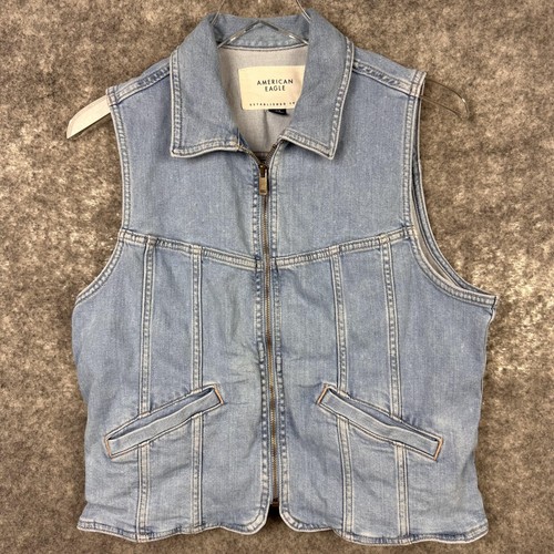 American Eagle Outfitters Vest Womens Large Blue Denim Zip Pockets Stretch Jean