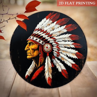 American Indian Chief Headdress Feather Round Wall Hanging