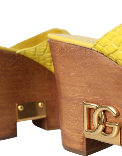 Dolce&Gabbana Women Yellow Slide Shoes Wood Crocodile Skin High Wedge Sandals - Picture 7 of 8