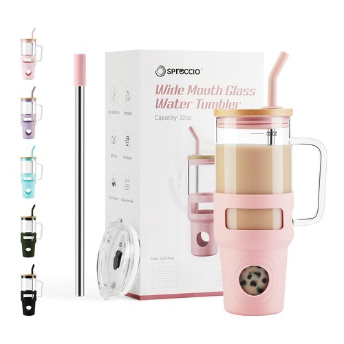 Glass Tumbler with Straw and Lid, 32oz Reusable Iced Coffee Tumbler with Hand...