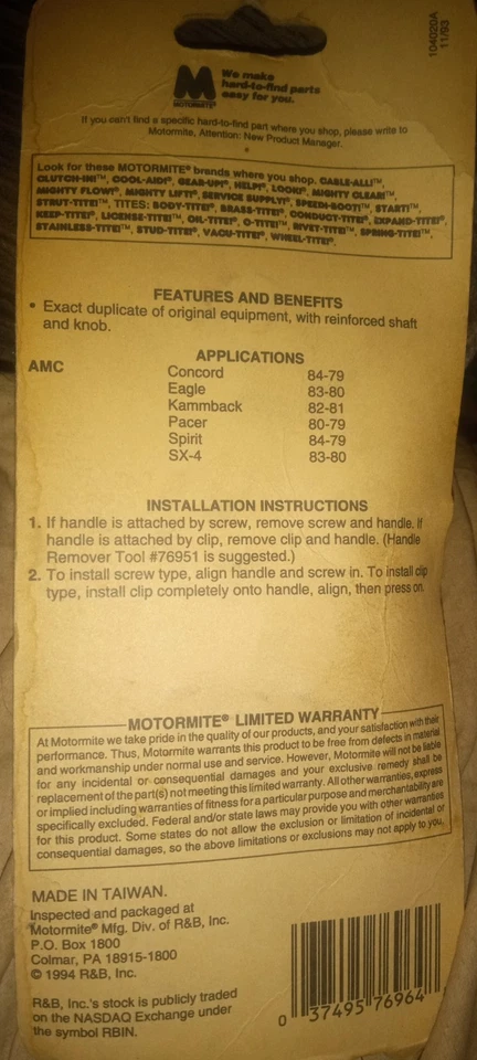 BIVELA DE VENTANA MOTORMITE 76964 PARA AMC Concord Eagle Pacer Spirit sx-4JEEP 68-'88  Foto 2 de 2