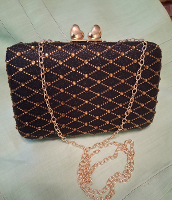 Classy Evening Bag Clutch Black With Gold Lattice Pattern Gold Rhinestones  Prom