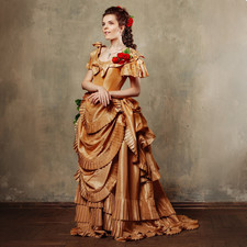 Gold Victorian Corset Ballgown Ruffled Tiered Vintage Royal Court Costume Dress