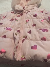 Carters Sz 12mos Pink Puffer Snow Jacket With Pink Sparkle Hearts.