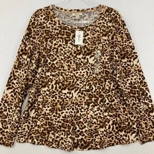 New Style & Co size XL Brown Leopard Print Slub Cotton Stretch Casual Top